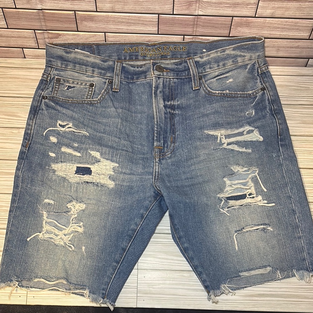 American Eagle Outfitters Blue Jean Shorts with Distressed Style